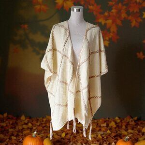 Knox Rose Boho Open Front Cardigan/Poncho Ivory Sweater w/Tan Braiding   NWOT